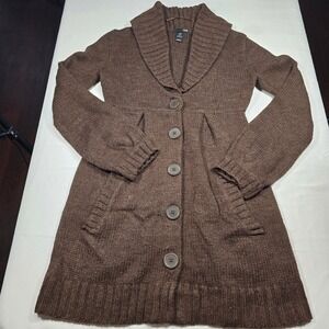 H&M Women Brown Shawl Collar Longline Button Front Cardigan Sweater Dress Size S
